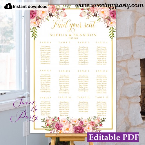 Floral seating chart template,Blush flowers seating chart,(31g)